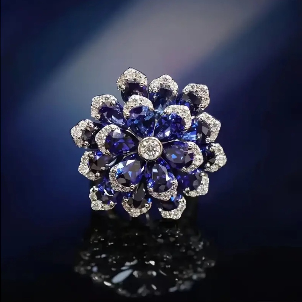 Blue Adjustable Floral Zircon Inlaid Ring